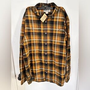 Duluth Trading Free Swingin Flannel Shirt Men L Plaid Gold Arm Gussets Work 1697